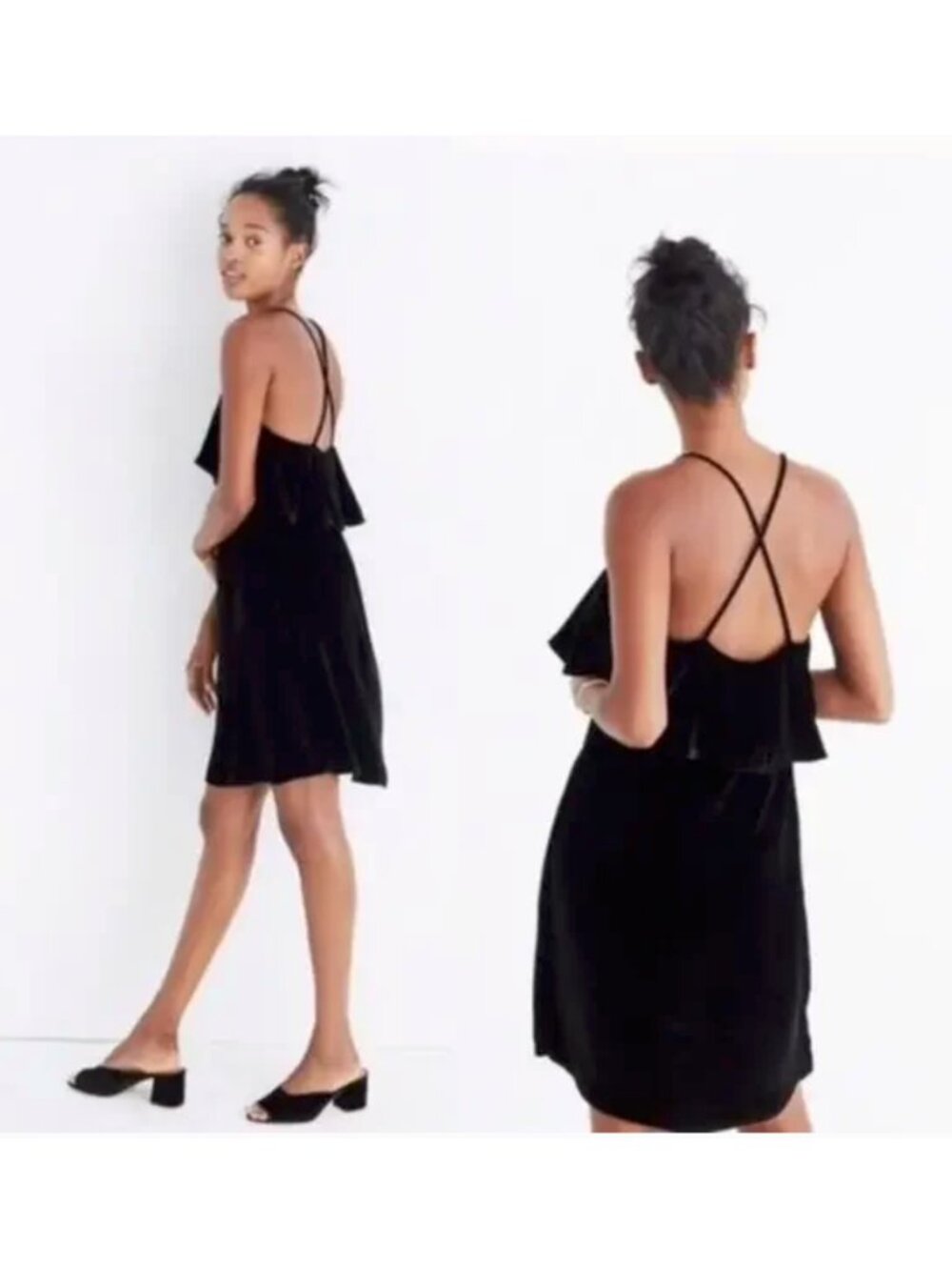 Madewell Black Velvet Ruffle Mini Dress Silk Blend New